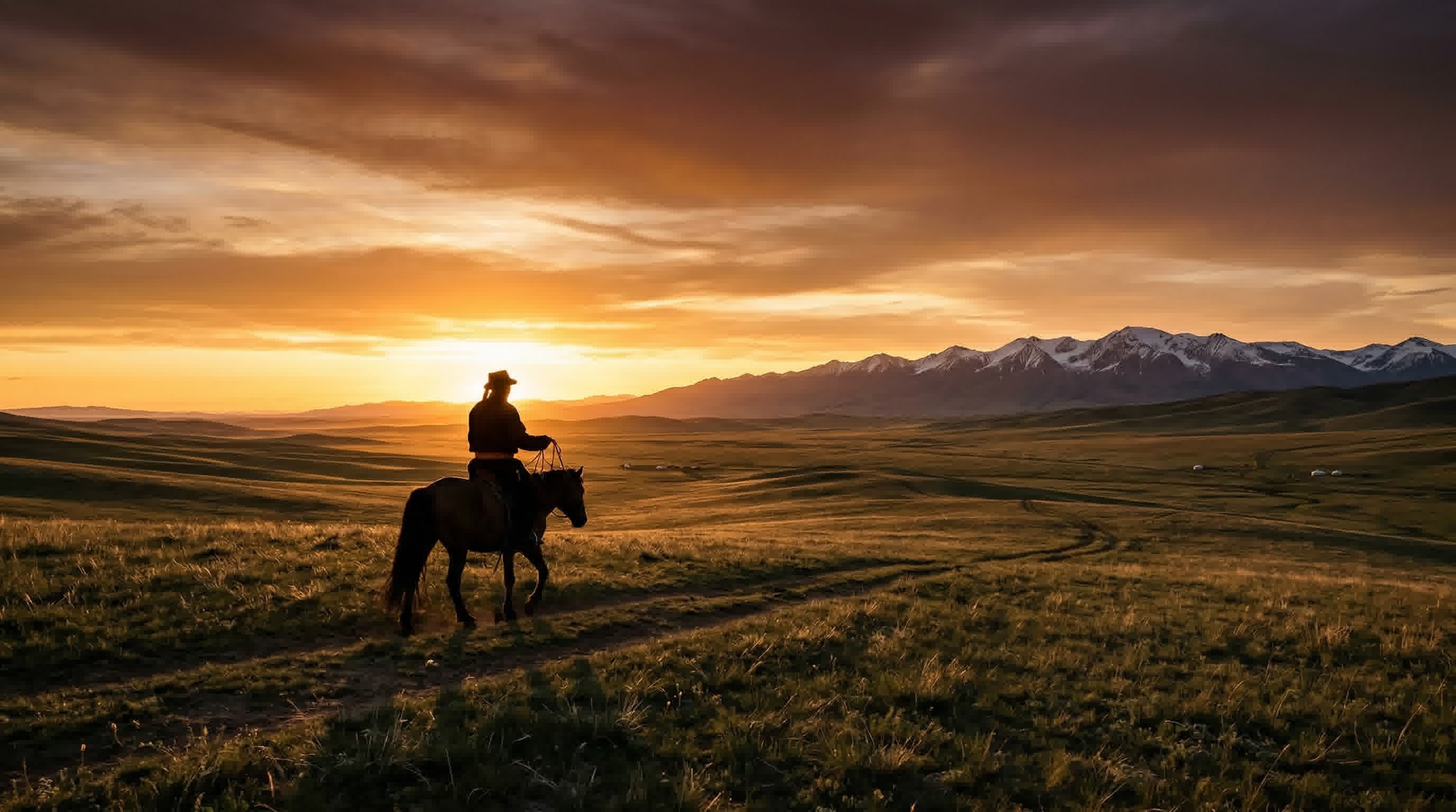 Vast Mongolian steppe at golden hour with a lone horseback rider against snow-capped mountains